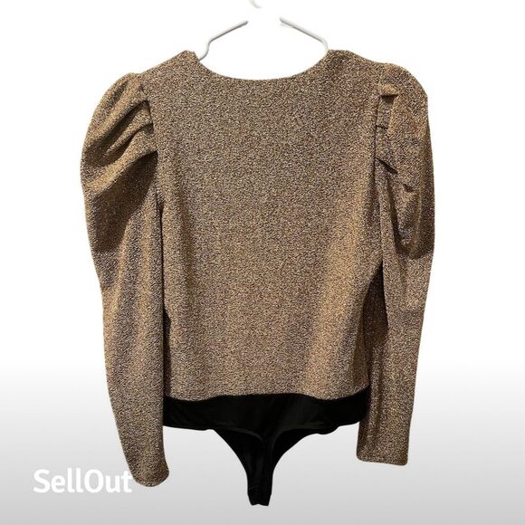 Express Women's Gold V-Neck Puff Sleeve Blouse Size L Party Top - Picture 3 of 6